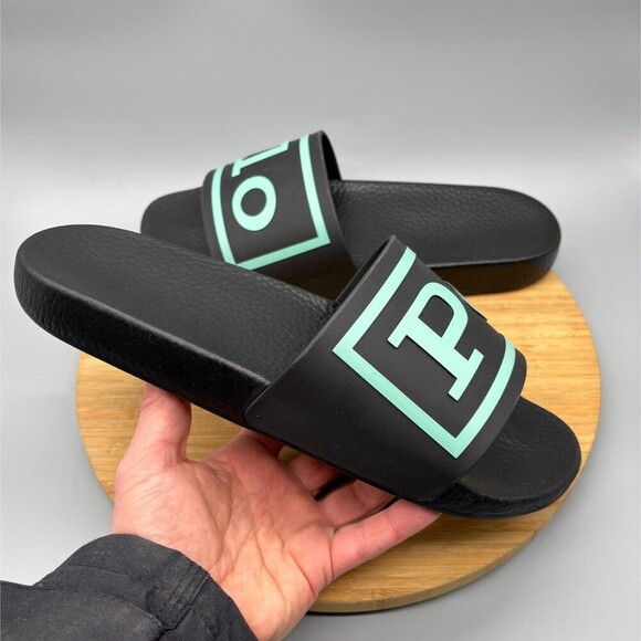 Polo Ralph Lauren Slides Mens 13 Black Mint Spell Out Slide Rubber Sandal Casual - Picture 1 of 11
